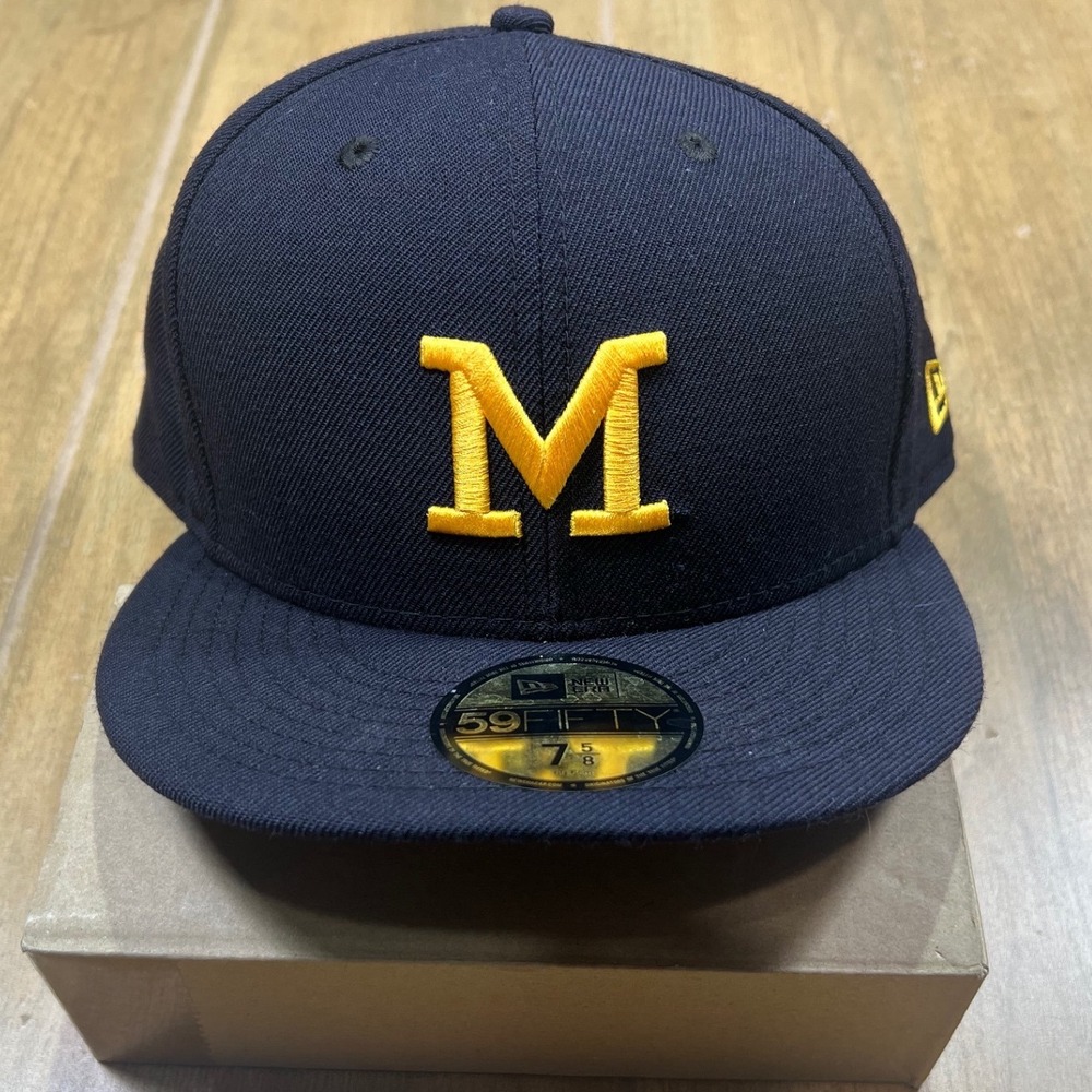 New Era 59FIFTY Michigan Wolverines wool Fitted Hat Navy Blue Yellow Size 7 5/8